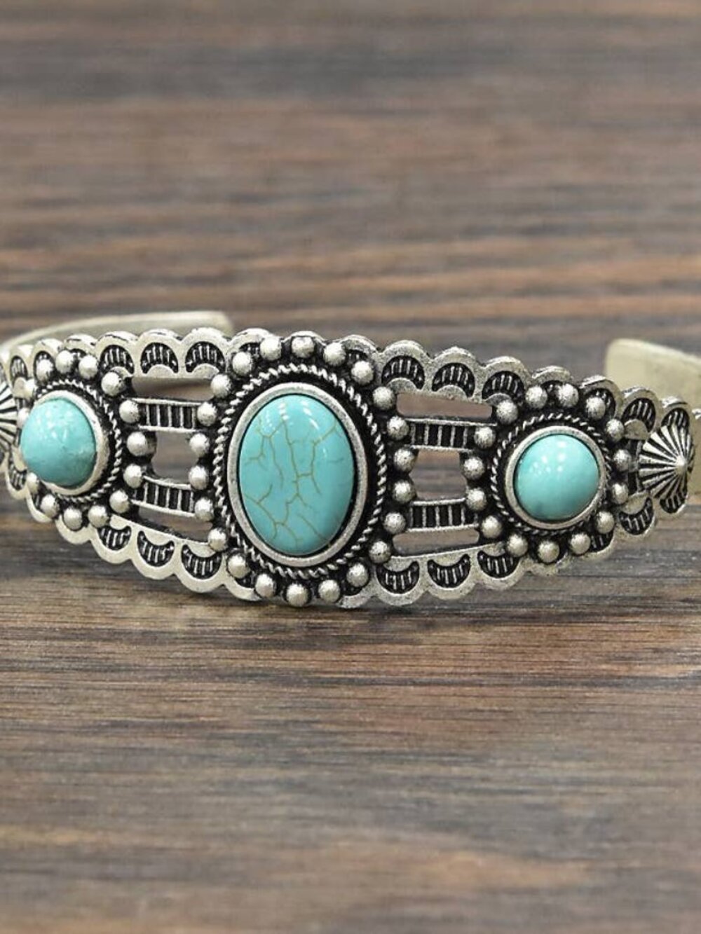Turquoise Cuff Bracelet Western Boho Rodeo Triple Stone Silver Tone